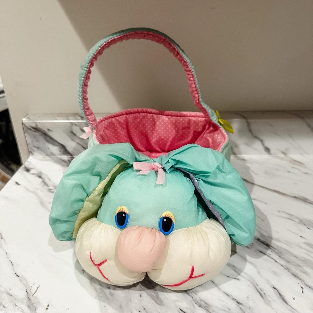 TL Toys Rabbit Easter Basket Nylon Puff Plush Mint Pink Blue Pastel 80's Bunny